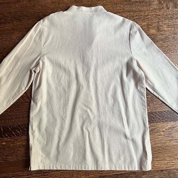 Ecru Linen Button Down, Collarless with Mother of Pearl Shell Buttons - Picture 4 of 9